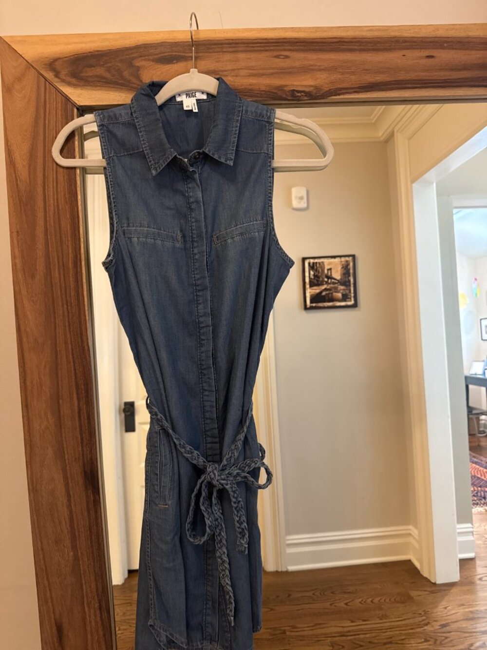 PAIGE Sleeveless Chambray Shirt Dress Braided Belt Size XS *2 small stains*